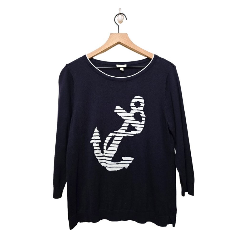 Talbots Petites Navy Scoop Neck Nautical 3/4 Sleeve Lightweight Sweater Sz LP